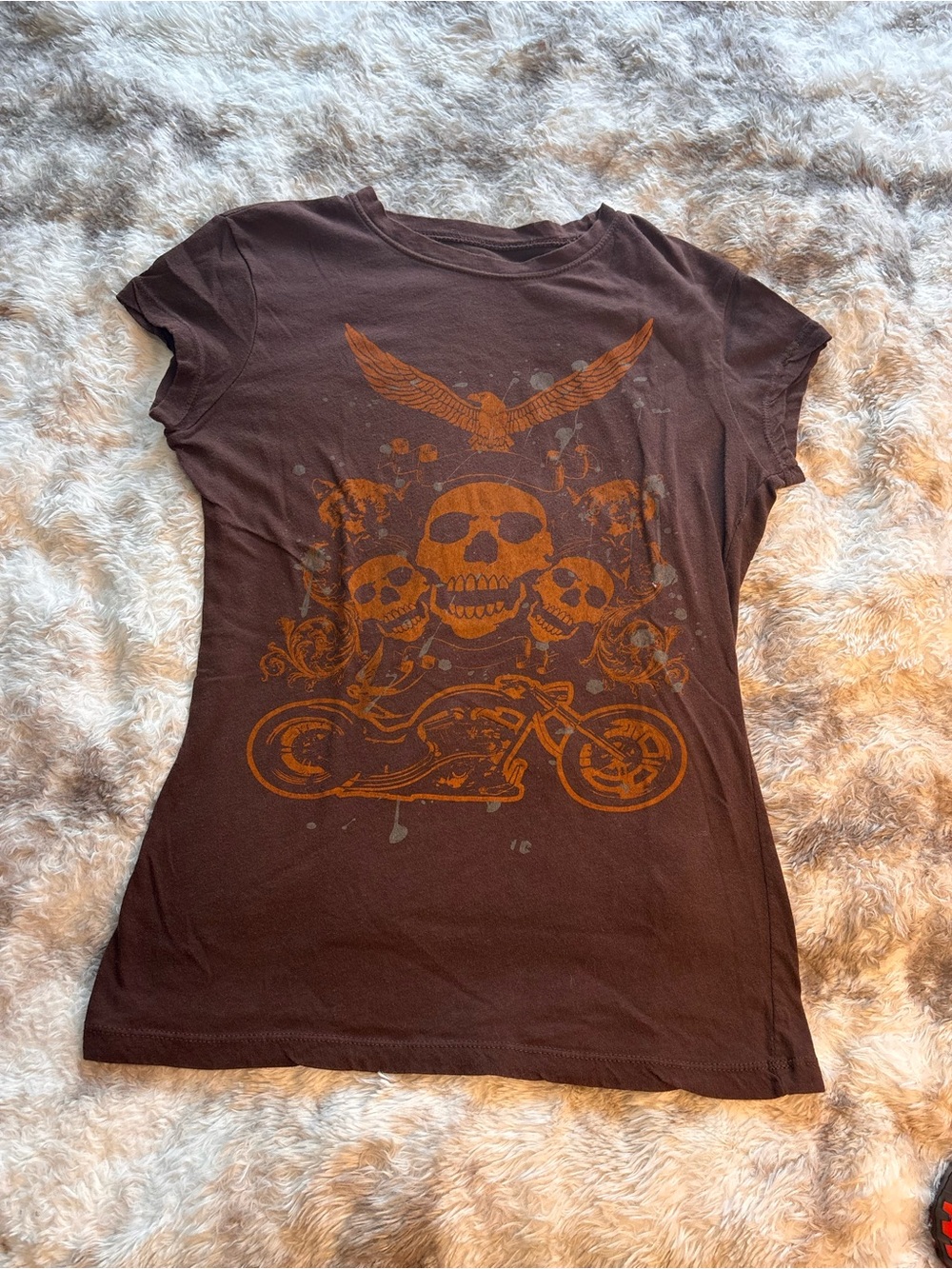Vintage Y2K Marilyn Monroe Brown Tee with orange skull and motorcycle